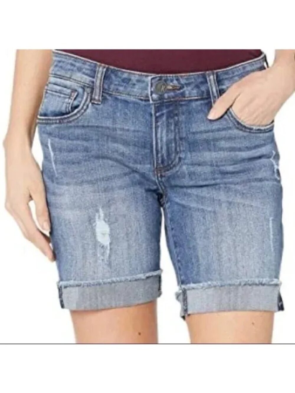 KUT from the Kloth Light Washed Distressed Cuffed Bermuda Denim Shorts Women 4